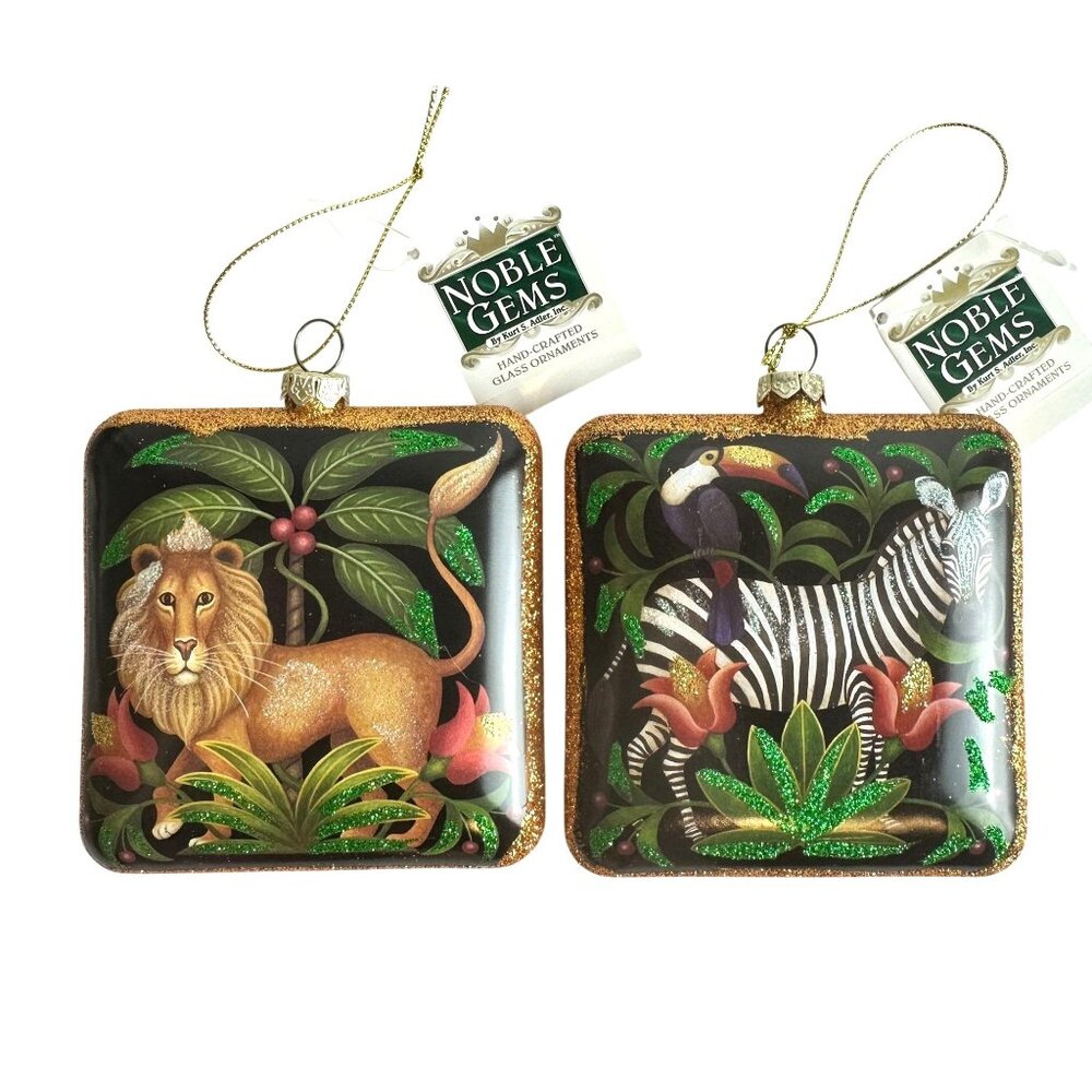 Two 3.5" Square Kurt S Adler Noble Gems Safari Lion & Zebra Glass Ornaments